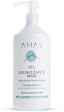 AMAS GEL Igienizzante Mani - 98% Origine Naturale- Idratante, Emolliente, Dermoprotettivo - Con Olio Essenziale di Eucalipto - 100% Fatto a Mano in Italia - 1000ml