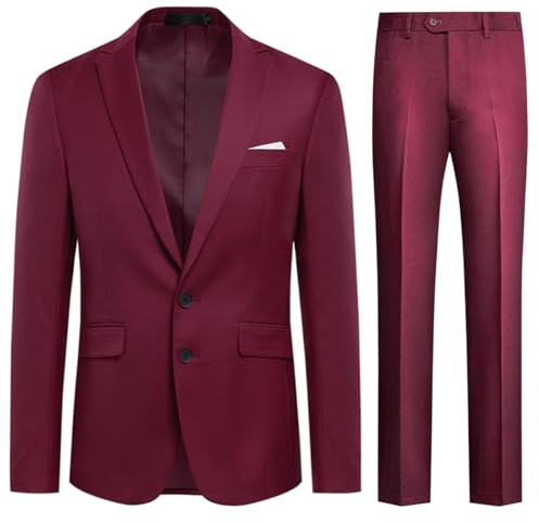 Allthemen 2 stycken Enfärgad kostym med två affärsknappar (Blazer + Byxor), Vinröd, XXL