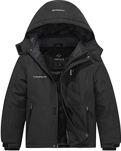 FARVALUE Boys Waterproof Ski Jacket Windproof Winter Coat Warm Snow Coat Outdoor Raincoats Hooded Windbreaker Black 10-12
