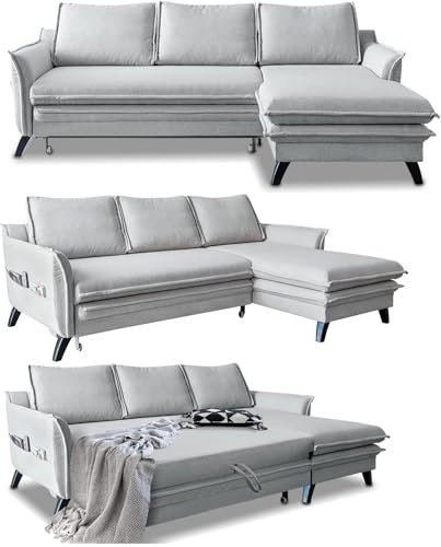 MIUFORM Ecksofa mit Schlaffunktion und Bettkasten | Charming Charlie | Wohnlandschaft Mit Schlaffunktion Couch Schlafcouch Wohnzimmer Gästezimmer | Holzlfüße Boho-Stil (Hellgrau, Rechts ausgerichtet)