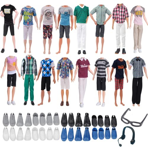 14 Vêtements Accessoires Compatibles avec Ken , Compris 3 Top 3 Pantalons 6 Paires de Chaussures 1 Paire de Lunettes et 1 Paire de Casques pour 12 Poupées, Livraison Décontractée