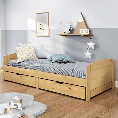 Festnight Dormeuse 2 Cassetti, Divano Letto 2 Posti, Letto Singolo con Contenitore, in Legno Massello Pino iRun 90x200 cm