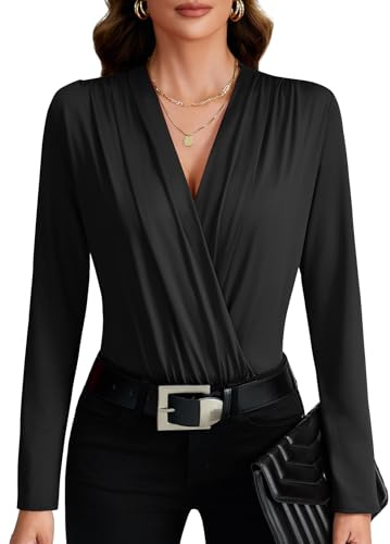 LYANER Women's Wraped V Neck Ruched Long Sleeve Leotard Bodysuit Top Black# Medium