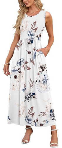 AUSELILY Summer Dresses for Women Casual Sleeveless Ladies Maxi Dress Long with Pockets White Flowers XL