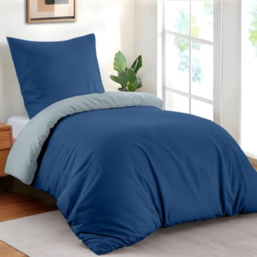 Dreamzie Copripiumino Singolo 135x200 cm con 1 Federe 50x70 cm - Blu Scuro/Blu Grigio Set Copripiumino Singolo 135 x 200