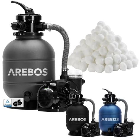 Arebos Sand Filter System with Pump incl. 700g Filter Balls | Grey | 400W | 10,200 L/h | Tank Volume up to 27,5 kg Sand | 7-Way Valve with Handle | with Pressure Gauge | Pool Filter