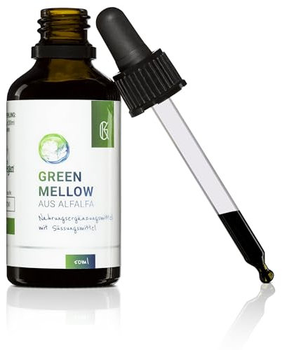 KRAFTGRAS Green Mellow Tropfen [50 ml] - flüssiges Chlorophyll aus Alfalfa mit weiteren Pflanzen-Extrakten & Glückshormon L-Tryptophan [vegan & leicht dosierbar]