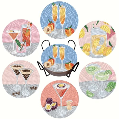 Bulerrylulu 6 Pcs Diamond Painting Coasters Kits with Holder,Diamond Art Coasters Set for Drinks Coffee Table, Gem Painting kit for Beginners Adults DIY Art Craft Gifts Home Decors (Cocktail)