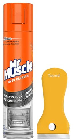 Mr Muscle Oven Cleaner Spray (300 Ml) + Oven Hob Glass Cleaning Tool Non Scratch - Oven BBQ Cleaner Degreaser- for Tough Grease, Grime