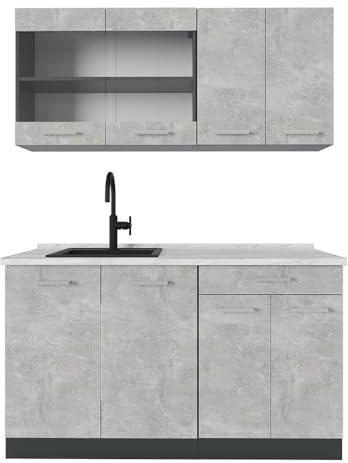Vicco Singleküche R-Line, Beton, 140 cm, AP Marmor, zur flexiblen Erweiterung mit weiteren Modulen geeignet