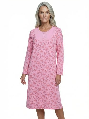 Tidlöst nattlinne dam långärmad Romy med krysantemum M-6XL sovskjorta liten knappslå med prägling på bröstet, ROSA, XL