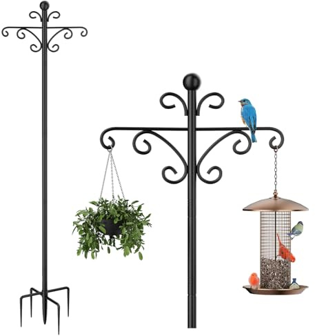 Bird Feeders Hanging Station, 194cm Free Standing Bird Feeder Poles Hangers with Double Crooks Hook, Heavy Duty Metal bird tables for Garden, Outdoor, Lanterns, Light- 03