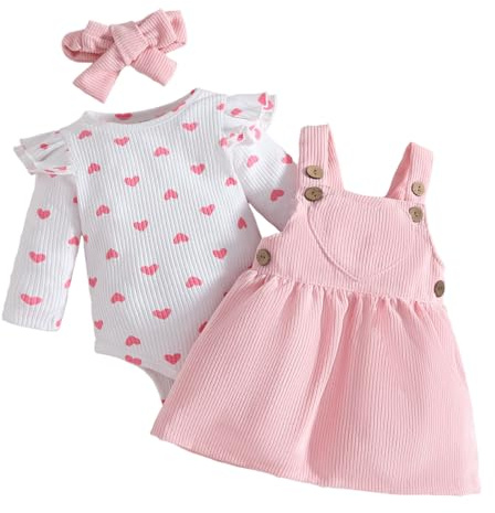 LUVCES Conjunto Falda de Pana para Bebé Niñas Manga Larga Acanalado con Forma de Corazón Top+ Vestido con Tirantes +Diadema 3 Piezas Ropa Traje para San Valentín Corazón de amor rosa 0-3 Meses
