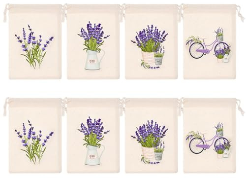 Bolsa de Regalo a la Lavanda Set, 8 Piezas Bolsas de Algodón, 11×16cm Bolsitas de Tela con Cordón, Estampado Vintage, Reutilizable para Joyas Almacenaje Boda Navidad