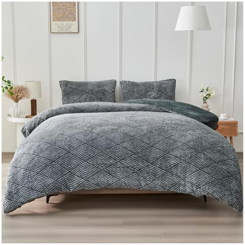 GC GAVENO CAVAILIA Luxury Fleece Duvet Cover - Greek Key Double Bedding Set - Soft, Warm Winter Teddy Duvet Set with Pillowcases - Easy Care Comforter Bed Linen Double - (200x200 cm), Charcoal