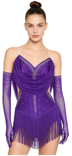 Manyakai Maillot de Baile Latino para Mujer Body de Patinaje Artístico Maillot con Flecos y Pedrería Brillante y Guantes de Malla Vestido Baile de Salón Tango Rumba S-XXL