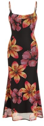 CIDER Women's Summer Floral Maxi Dress Spaghetti Strap Stretch Bodycon Mesh Beach Vacation Date Night Long Dresses Black