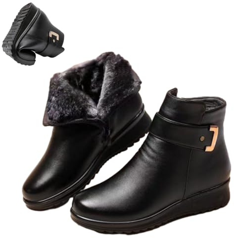Stivaletti da donna in pelle con zeppa e plateau, antiscivolo, impermeabili, spessi, caldi, con cerniera laterale, stivaletti da esterno, Nero , 36.5 EU