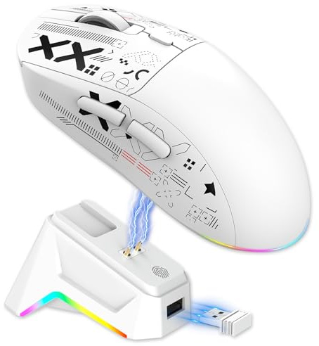 Jectse Wireless Gaming Mouse with Charging Dock, 3 Mode Wired 2.4G BT5.3 Computer Mouse, 12000 DPI 1000Hz, 7 Programmable Buttons, 6 RGB Light Modes, for PC Laptop Gaming Work (White)