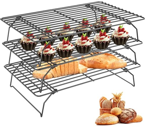 Griglia Raffreddamento Dolci Impilabile 3 Livelli, Grigliadiraffreddamentoper Torta Antiaderente Acciaio Inox 40x25cm, Accessori Cottura Cucina Resistente Pieghevole per Biscotti, Cupcake, Biscoestti