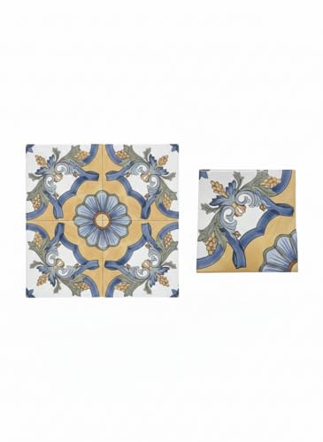 Piastrelle Decorative in Maiolica Stile Vietri, Blu e Giallo, 25x25 cm, per Pavimento e Rivestimento Cucina Bagno, Confezione da 4 Pezzi