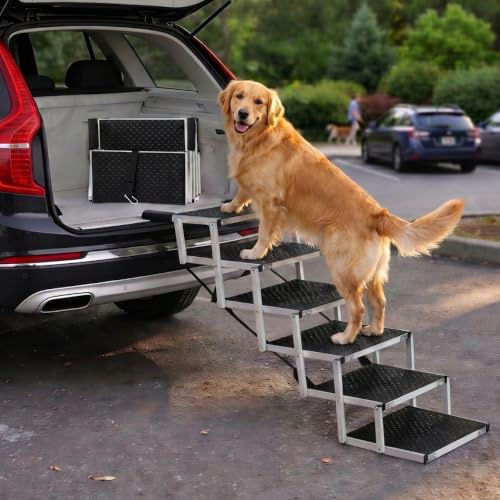Escalera para Perros Coche Plegable – 4, 5 o 6 Peldaños para Maleteros Bajos y Altos (63–81 cm) – para Coches Pequeños, Familiares & SUV – Alternativa a Rampa para Perros