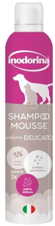 Inodorina Shampoo Secco per Cani, Gatti e Cuccioli (300 ml, Profumo Delicato) – Mousse ad Azione emolliente e detergente – Rispetta Il PH Naturale, Ideale per lavaggi frequenti