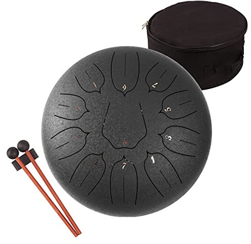 LOMUTY Stahlzungentrommel, 12 Zoll 30 cm Steel Tongue Drum, C-Dur 11 Noten, Handtrommel HandPan Drum mit Drumsticks,Musikbuch,Tragetasche und Fingerpicks(Schwarz)