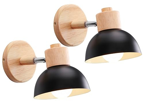 iDEGU 2 stycken vägglampor modern inomhus vägglampa av trä metall halvcirkel lampskärm E27 justerbar väggspot vintage lampa för sovrum vardagsrum (2 lampor, svart)