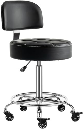 CoVibrant Lockable Stool with Back and Foot Rest Ergonomic Rolling Hydraulic Adjustable Stool for Doctor Esthetician Artist Home Small Office Desk (Black, 19.5''-24.5'')
