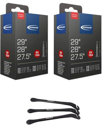2er Set Schwalbe Fahrradschlauch SV19 Extra Light 27,5 28 29 Zoll (40/62-584/635) Ventil 40mm inklusive 3 Metall Reifenheber