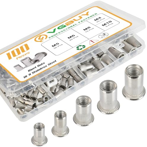VGBUY 100Pcs Metric Rivet Nut Kit, Rivet Nuts Assortment M4 M5 M6 M8 M10, 304 Stainless Steel Rivnut, Flat Head Threaded Insert Nut, Knurled Body (VG30529)