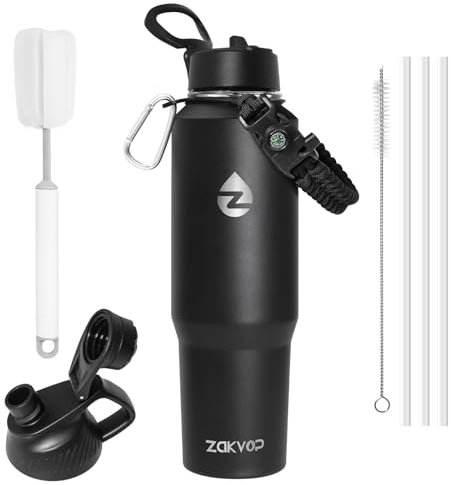 ZAKVOP 1.2L Insulated Water Bottle Tumbler, Insulated Tumbler with Straws and Two Lids, Stainless Steel Water Bottle with Paracord Handle for Cup Holders, Travel Mug for Cold&Hot Drink
