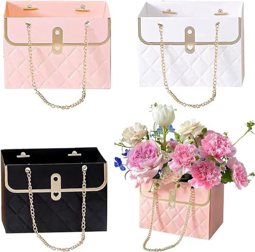 4Pcs Flower Paper Box Bouquet Storage Bucket Gift Bags With Metal Chain - Floral Arrangements Packaging Box Handbag for Florist, Wedding Party Gift Wrap - 3 Colors