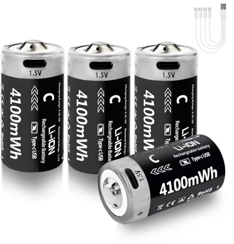 LDSMNLI 4100mWh Rechargeable Lithium C Batteries with USB-C Charging Cable, 1.5V C Cell Lithium Batteries, C Size Batteries for Flashlight, Clock (4 Pack)