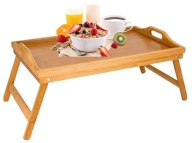 UBOON - Bandeja para Cama de Bambú Auxiliar Portátil Natural 100% Incluye Asa