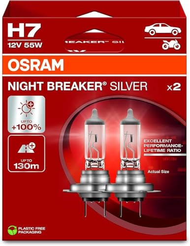 Osram NIGHT BREAKER SILVER H7, +100% mehr Helligkeit, Halogen-Scheinwerferlampe, 64210NBS-2HB, 12V Pkw, Hängebox (2 Lampen)