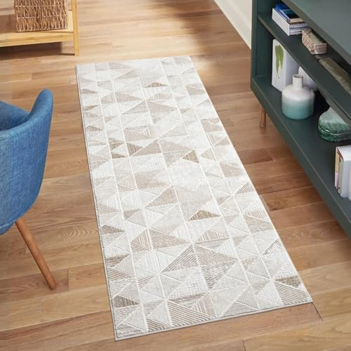 carpet city Teppich Läufer Flur - Creme - 80x300 cm - Klassisch Modern - Geometrisches Muster - Teppiche Kurzflor Schlafzimmer, Wohnzimmer
