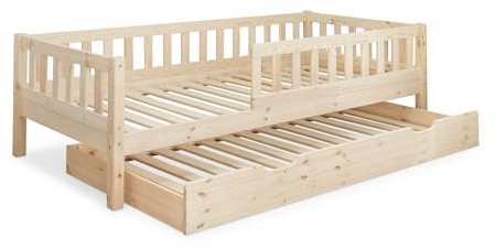 Ehrenkind® Kinderbett Lille | Kinderbett 90x200 cm inkl. abnehmbaren Rausfallschutz und Bettkasten aus Massivholz FSC® zertifziert | Jugendbett 90x200 Natur