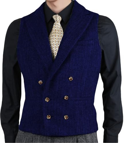 Yiaisafa Doppiopetto Gilet Chiusura Collare Tweed Gilet Uomini Abiti A Spina Di Pesce Lana Groomsman Vintage Matrimonio Retro, Blu reale, XXL