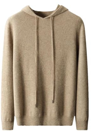 Mens Seamless Hoodie 100% Merino Wool Knitted Sweatshirt Solid Long Sleeve Knitted Casual Pullover Khaki L