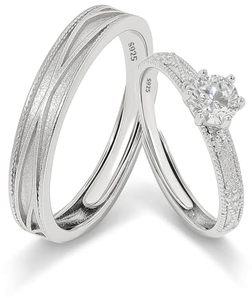 Meissa Anillos Promesa Alianzas de Plata Pareja Solitario Plata de ley 925 Mujer Ajustable Anillo de Compromiso Boda para Pareja Novios Regalo de San Valentín Aniversario (Juego de dos anillos)