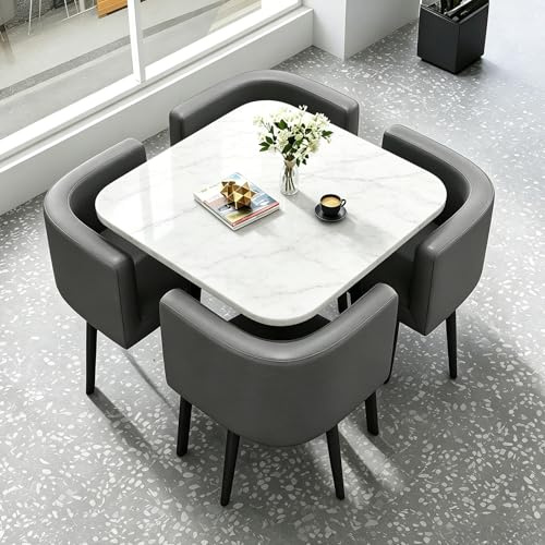 5 Piece Modern Dining Table Set, Kitchen Table Set for 4, Dining Table and Chairs Set with 4 Faux Leather Chairs, Dining Room Table Set for Small Space Apartment (White)