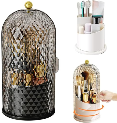Generisch 360° drehbarer Make-up-Pinselhalter, staubdichter transparenter Kosmetikorganizer mit Deckel, Zahnbürstenhalter – für Badezimmer, Schminktisch & Schlafzimmer