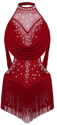 CHICTRY Abito da Pattinaggio Artistico con Frange Nappear da Bambina Ragazza Body Danza Classica Balletto Leotards con Paillettes Coustume da Danza del Ventre Borgogna A 15-16 anni