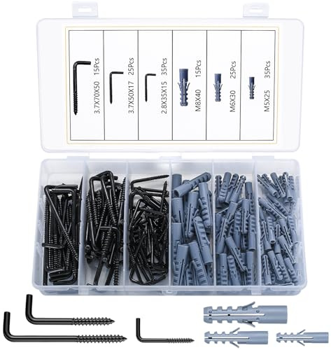 150 PzGanci a Vite per Legno, Ganci Avvitabili, Occhielli a Vite, Viti a Gancio Autofilettanti in Acciaio Inox, Ganci a Soffitto L per Appendere Cestini Piante (75 Gancio, 75 Ancore) - Nero