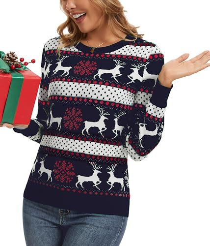 Suéter de Navidad Mujer Jersey Navideño Sudaderas Clásico Sweaters Christmas Manga Larga Cuello Redondo Pullover Punto Otoño Primavera Invierno