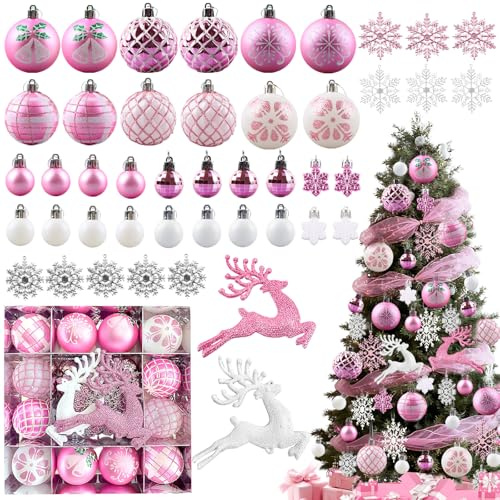45 Piezas Bolas Arbol de Navidad, FainFun Bolas NavideñAs Rosas, FáCiles de Colgar, Adornos NavideñAs Reutilizables (Rosa)
