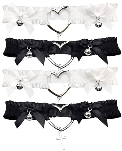 FOSDICK 4 st strumpband bröllop, elastisk spets strumpband svart vit, garter hjärta med rosett klocka för kvinnor lår, brud tillbehör för möhippa bröllop dejt natt