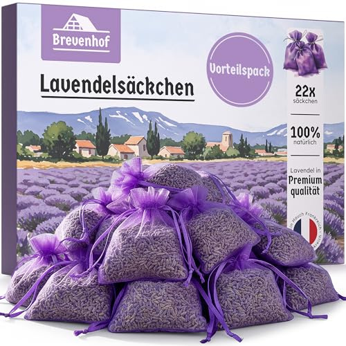 Brevenhof® 22x Lavendel Duftsäckchen - Mottenschutz für Kleiderschrank bei Kleidermotten* - Echter Lavendel getrocknet 100% natürlich - Lavendelsäckchen für Schrank, Auto, Raum & Wäsche